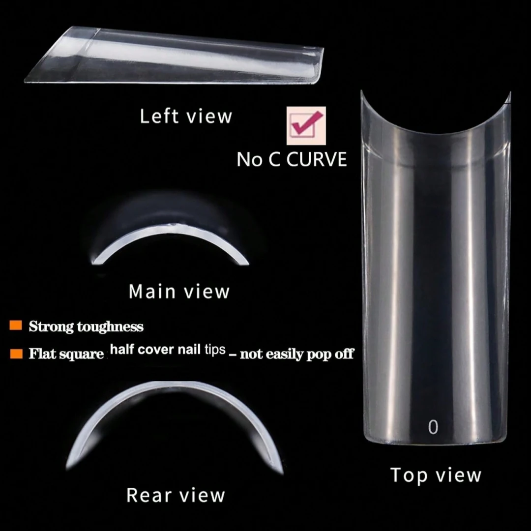 600 قطعة من أطراف الأظافر No C Curve XL، أظافر صناعية شفافة طويلة مربعة مستقيمة 10 مقاسات نصف غطاء أظافر صناعية لمهني صالونات الأظافر