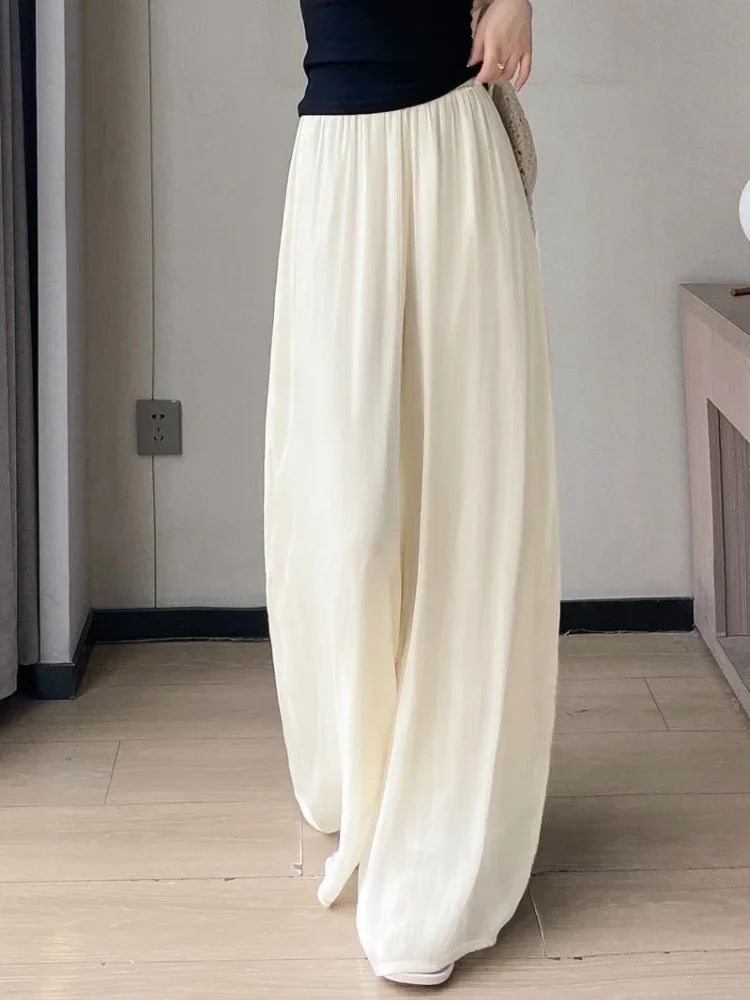 กางเกงขายาวทรงตรงเอวสูงผ้าบางเบาใส่สบายสำหรับผู้หญิงช่วงฤดูร้อน