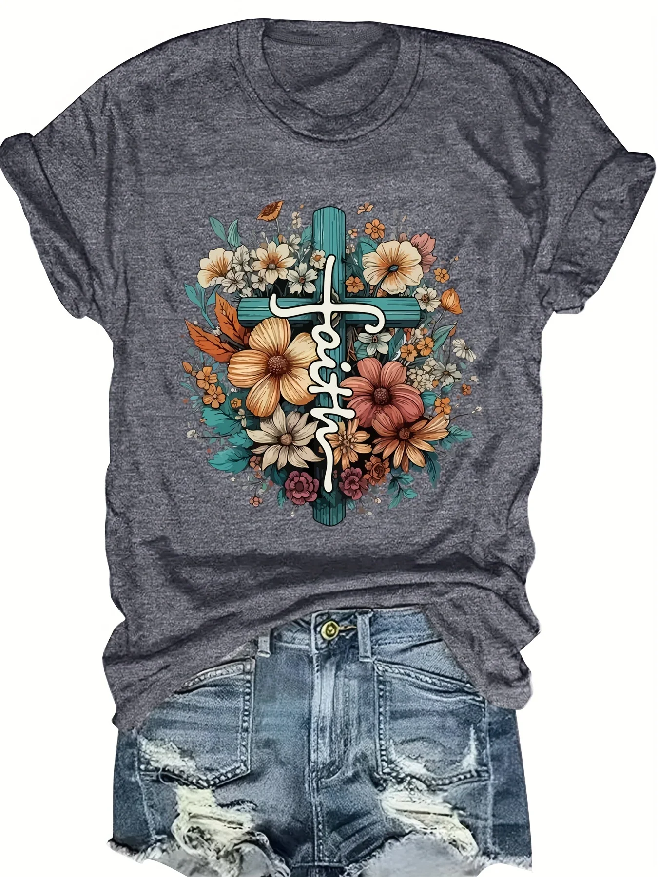 

Модная женская футболка с цветочным принтом, круглым вырезом и коротким рукавом, элегантная повседневная женская футболка