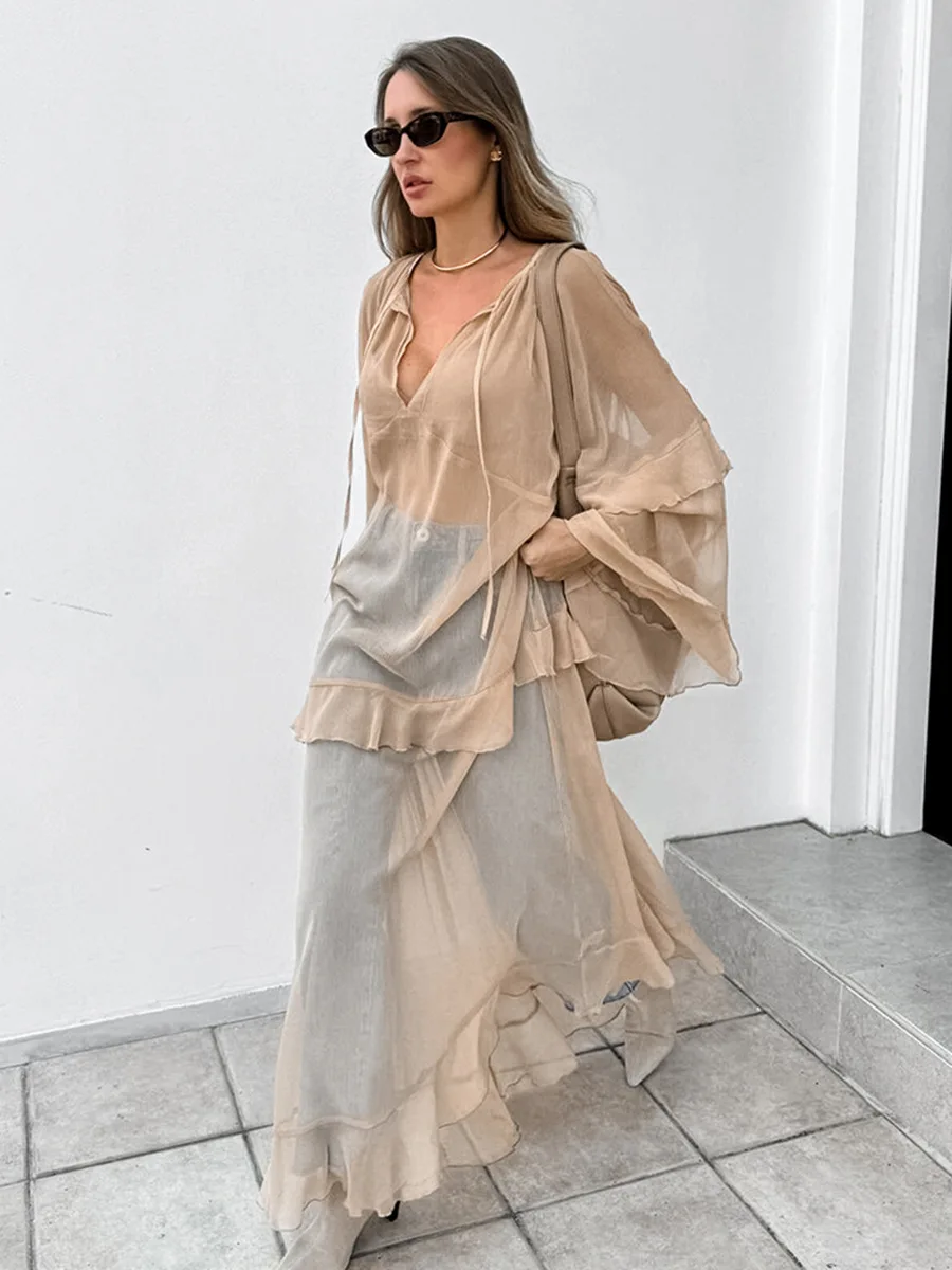 

Frill Batwing Sleeve Khaki Perspective Dresses Fashion 2026 Sexy V-Neck Lace-Up A-Line Dress Overlap Flowing Dress