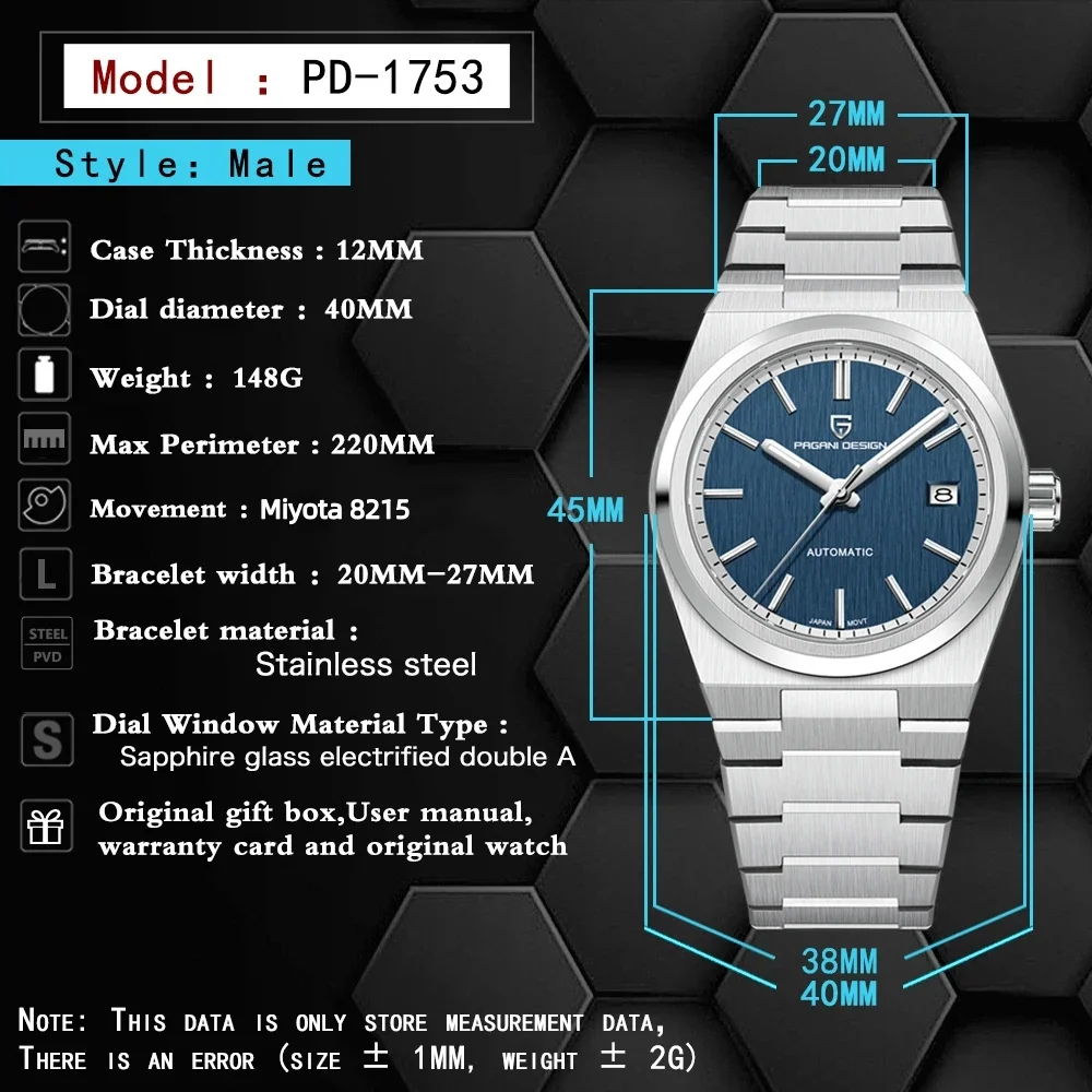 PAGANI DESIGN 2025 New Men Automatic Mechanical Watch Miyota 8215 Sapphire Glass Stainless Steel 100M Waterproof Reloj Hombre view 2