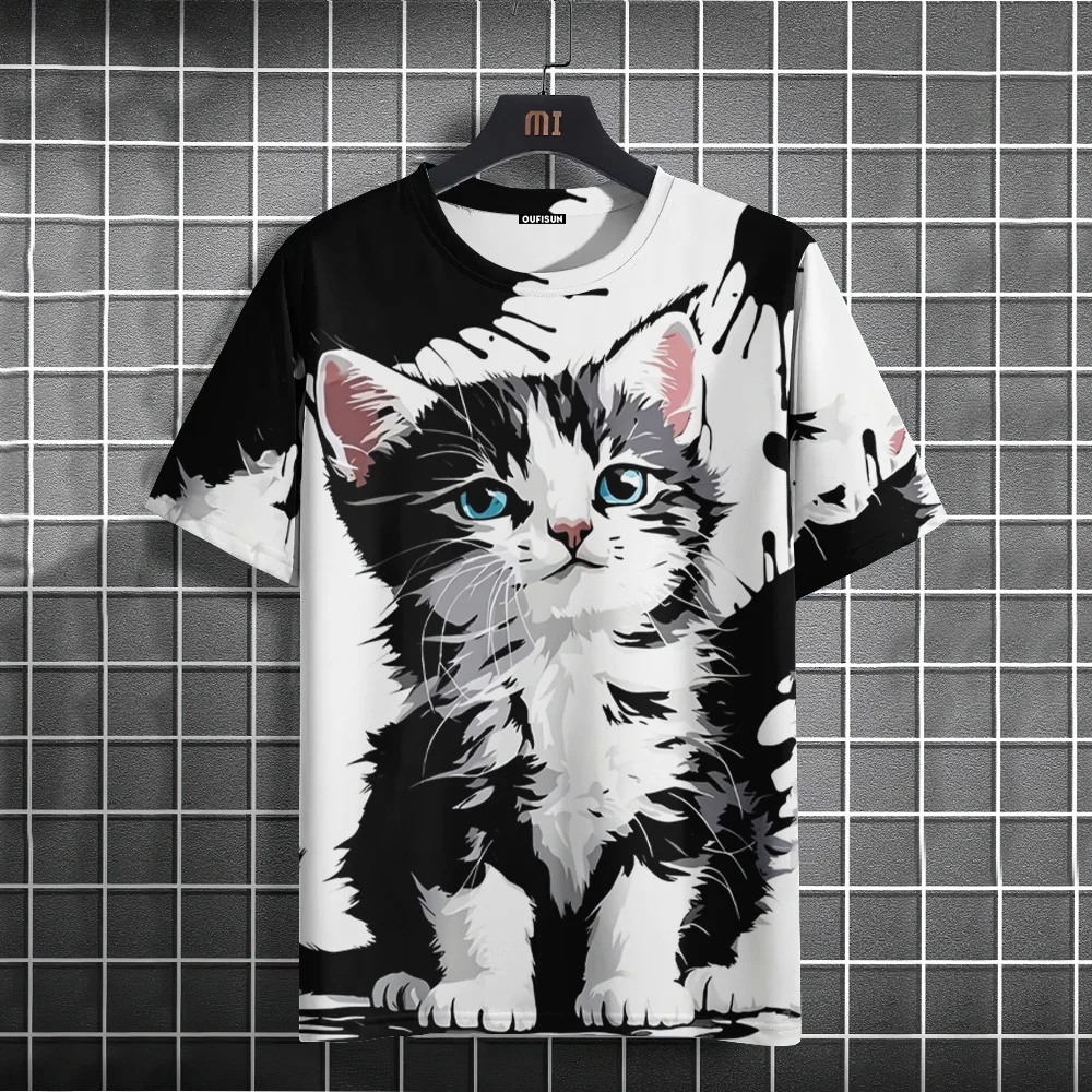 Cartoon Animal Men's T-Shirt Cute Cat Pattern Printed Tees Casual Loose Short Sleeve T-shirts Oversized Men Clothing Tops Summer