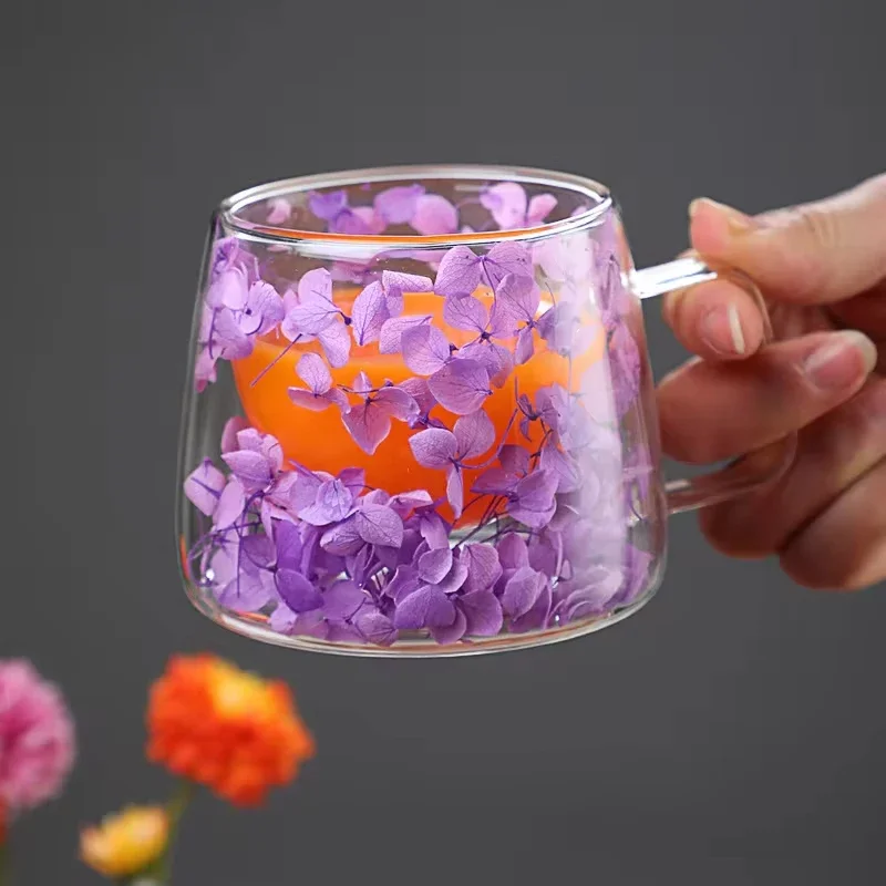 200ml Double Wall Glass Cup Transparent Dry Flowers Coffee Mug Heat Insulation Juice Milk Cup with Handle for Office Home Drink