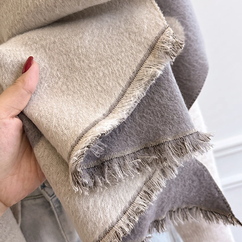 Damen-Kaschmirschal der Luxusmarke 2025, warmer Winter-Pashmina-Schal mit Quasten, gestreift und gepunktet, bedruckt, Foulard und Poncho – Detail 7