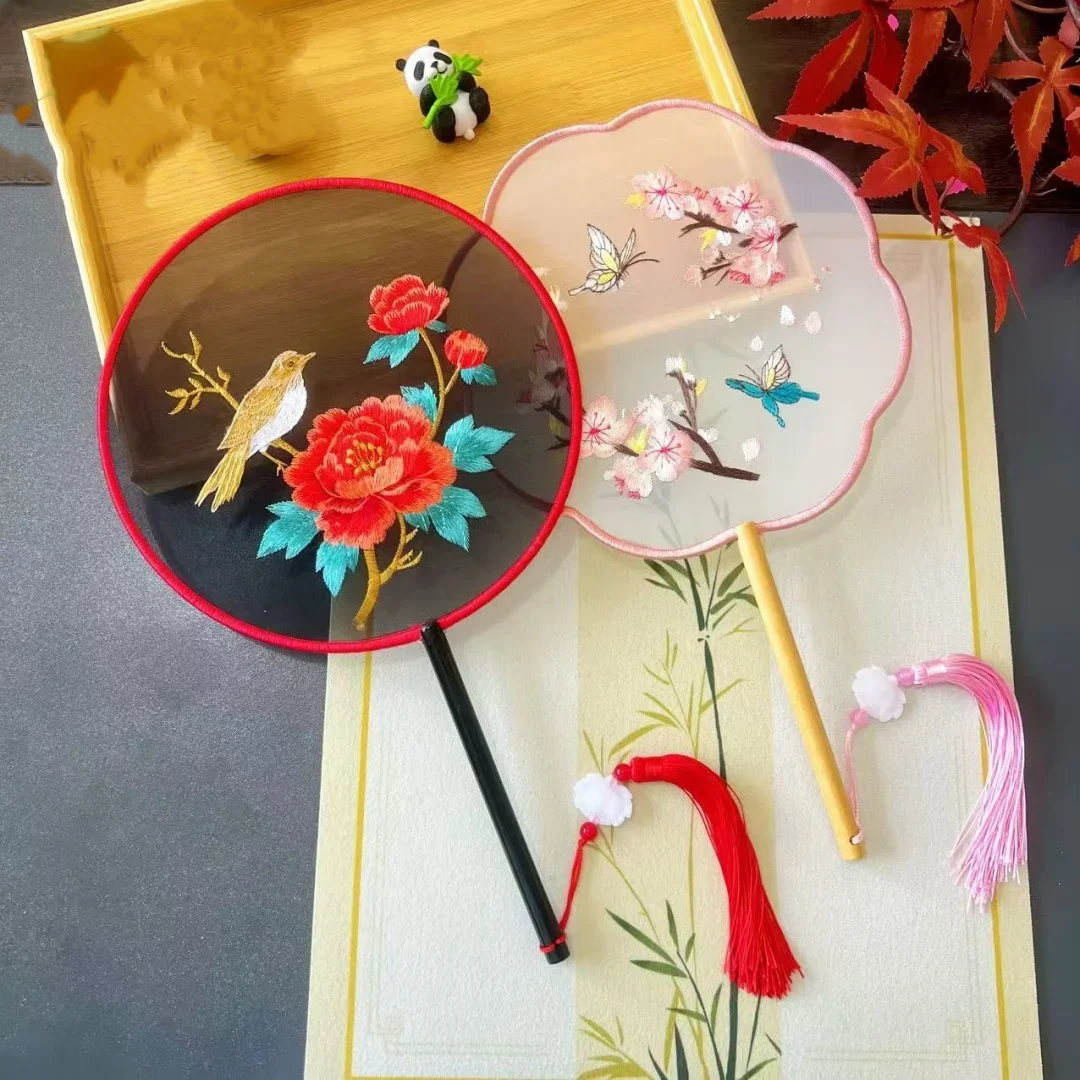 Chinese Style Silk Round Fan Double-sided Floral Embroidery Hand Fans with Tassel Summer Dance Fan For Women Wedding Home Decor