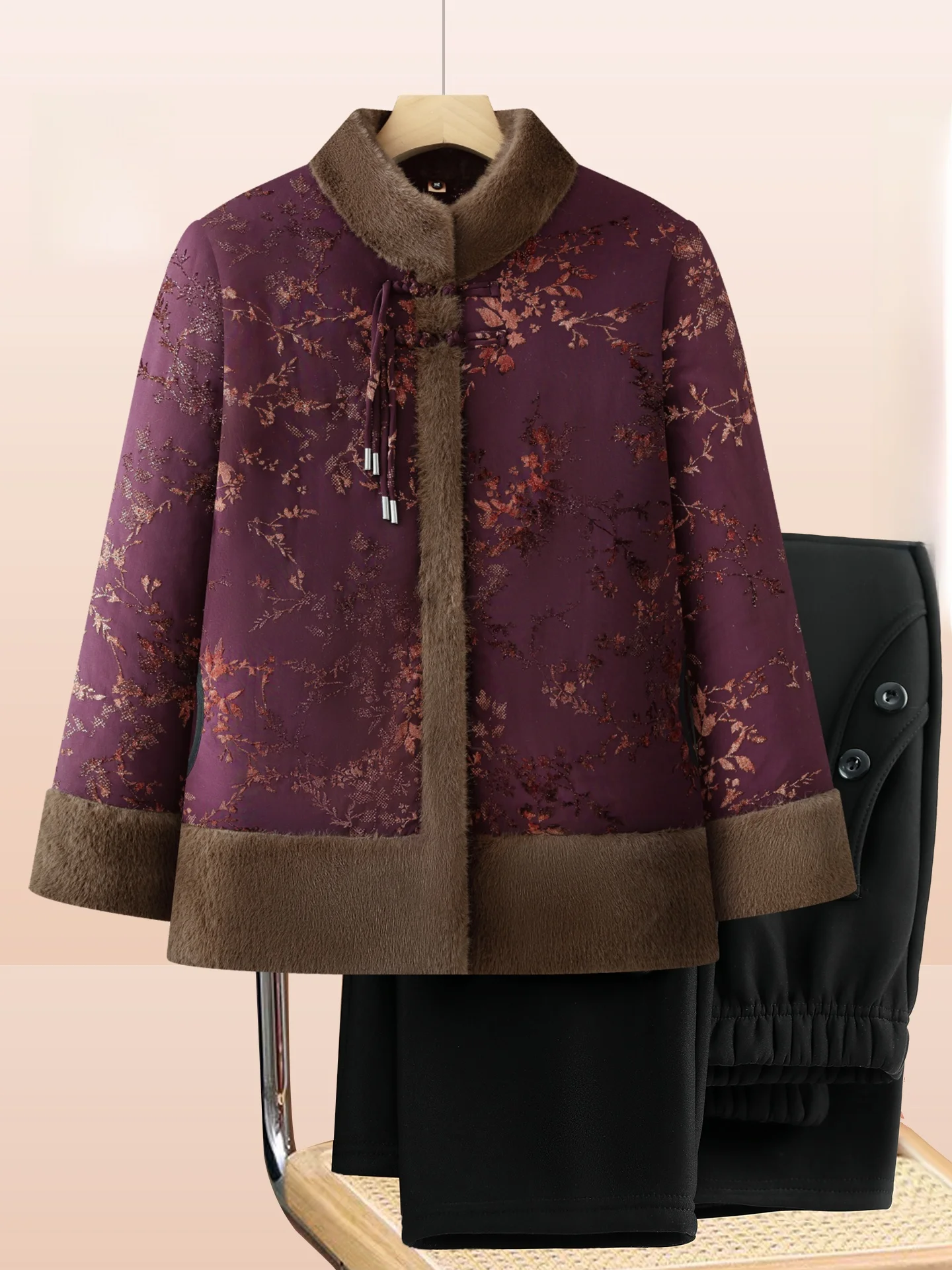 

Теплая хлопковая куртка Thiened Fce с воротником-стойкой для женщин среднего возраста, китайский стиль, зимняя верхняя одежда, пальто