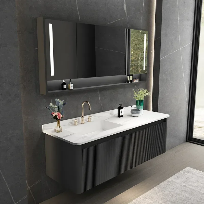 Slate Seamless Ceramic Integrated Basin Bathroom Cabinet Vanity Unit with Toilet Washbasin Modern Light Luxury Style