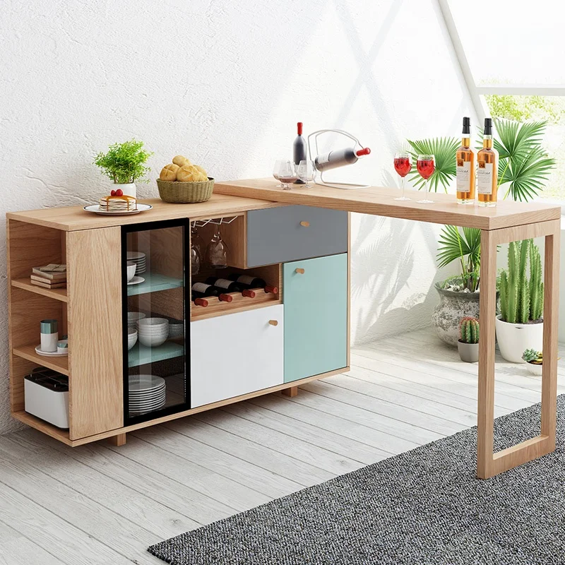 Nordic Rotatable Dining Room Table Extendable Storage Wine Cabinet Wood Kitchen Sideboard