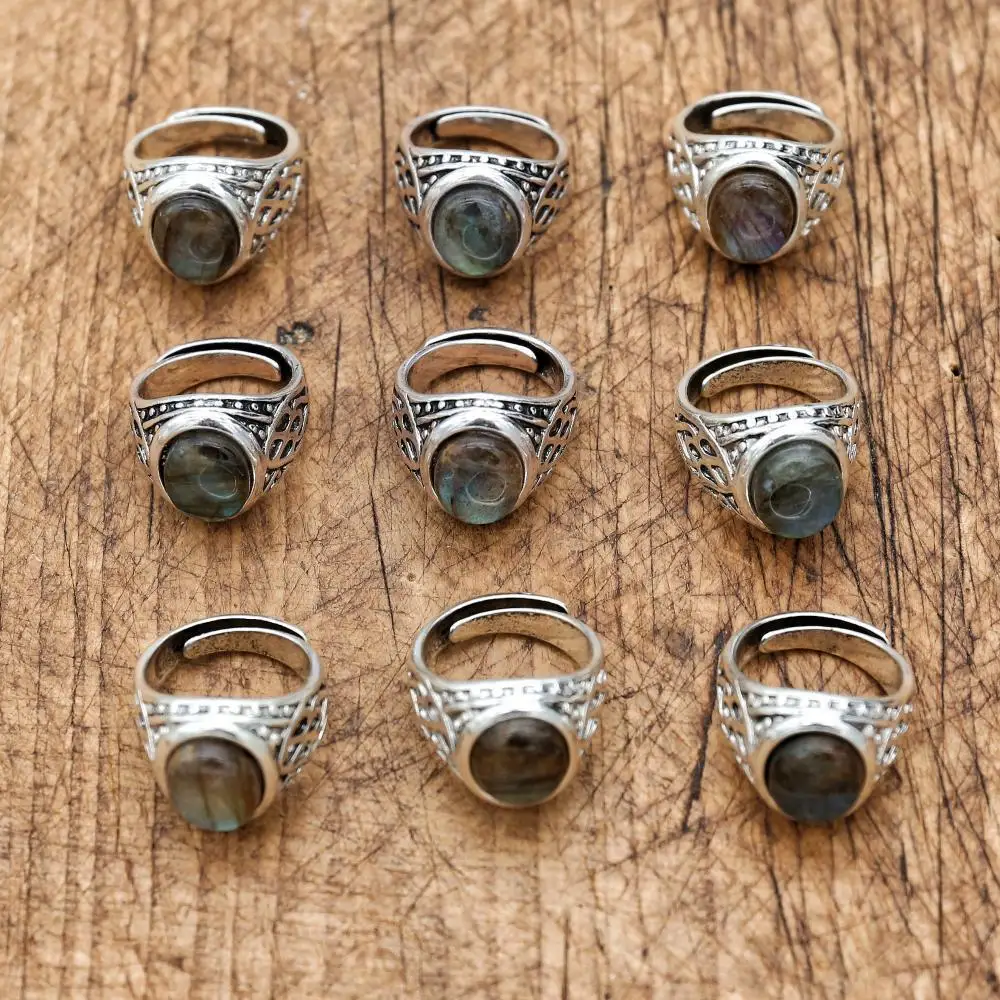 1 pcs Vintage Natural Stone Ring Antique Jewelry Labradorite Rings for Women Men Wedding Engagement Adjustable