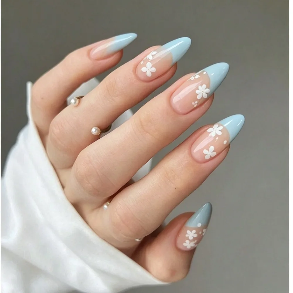 

Almond False Nails Tips Summer Flower Design Press on Nails Art Wearable Fake Nail Cute Cartoon Acrylic Nails Fake Nail French