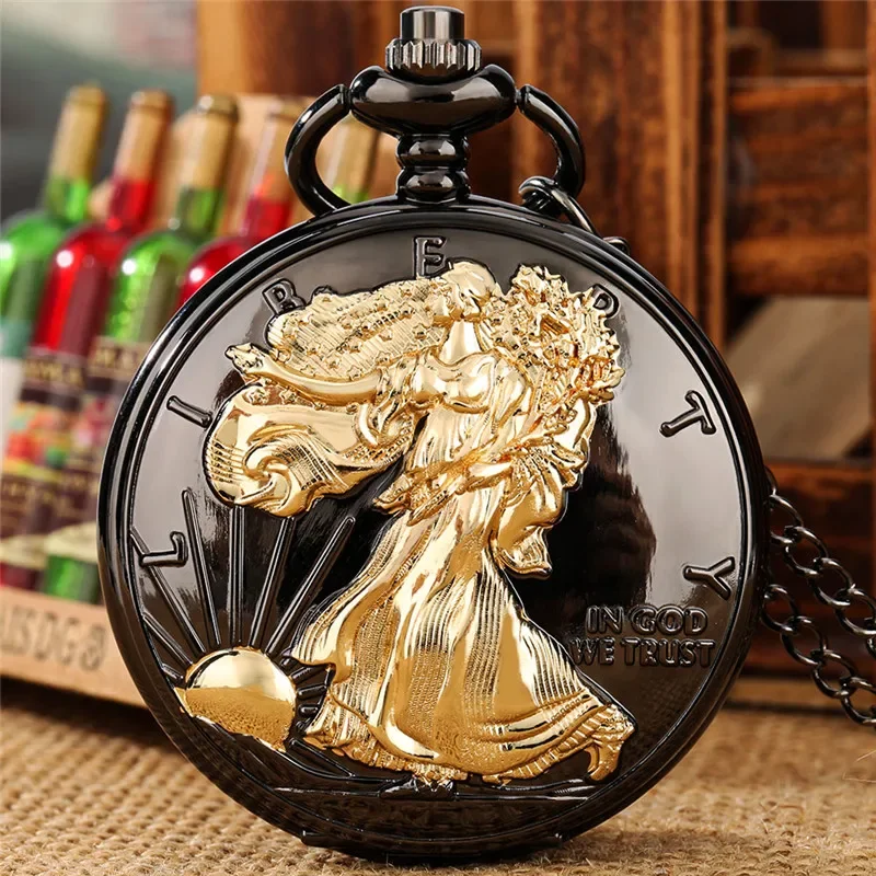 Creative Liberty In God We Trust Men Women Quartz Analog Pocket Watch Full Hunter Case Roman Number FOB Necklace Chain Souvenir