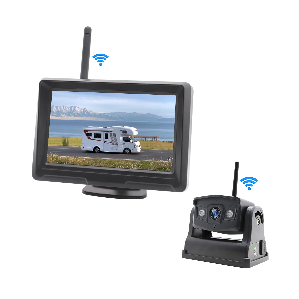 Wireless Car Rear View Cam IR Night Vision Bus Truck Reverse Camera Built in Battery 9600mah with 5 Inch Camera System