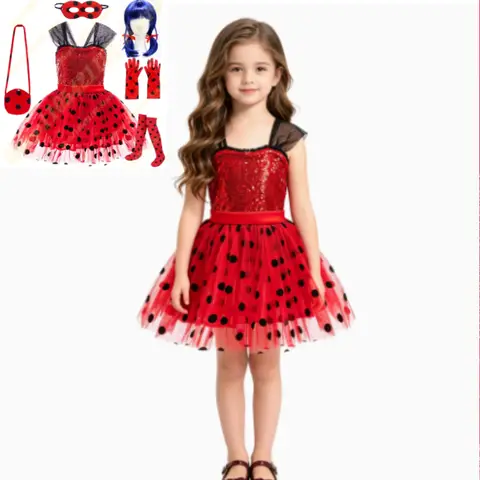 2026 Girls ladybug Cosplay Costume Polka Dot Red Dress With Bag Gloves Mask Earrings For Kids Bug Halloween Birthday Dress Up