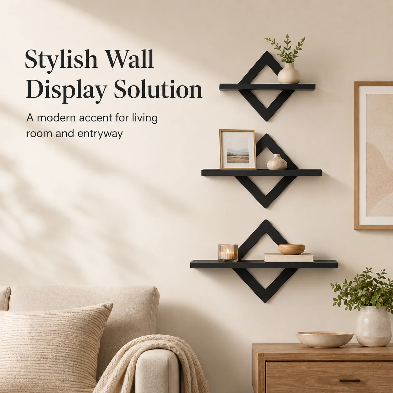 Diamond Relief Wall Rack Three-Piece Set, Black Wooden Wall Display Stand, Bedroom Living Room Bathroom Decorative Storage Rack