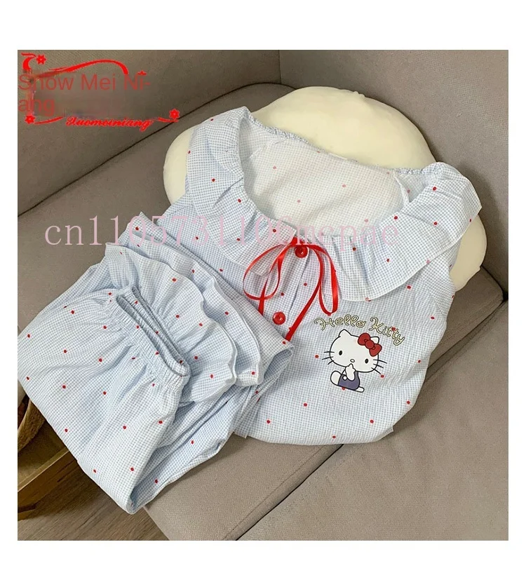 Cozy Big Size Pajama Set for Women Ruffle Long Sleeve Top with Bow and Pants Cute Loungewear LoosePijama Hello Kitty Mujer 5XL