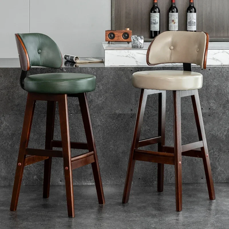 Solid Wood Bar Chair Simple Luxurious Household Leather Retro Leather Bar Chair Backrest High Footed Stool Home Furniture