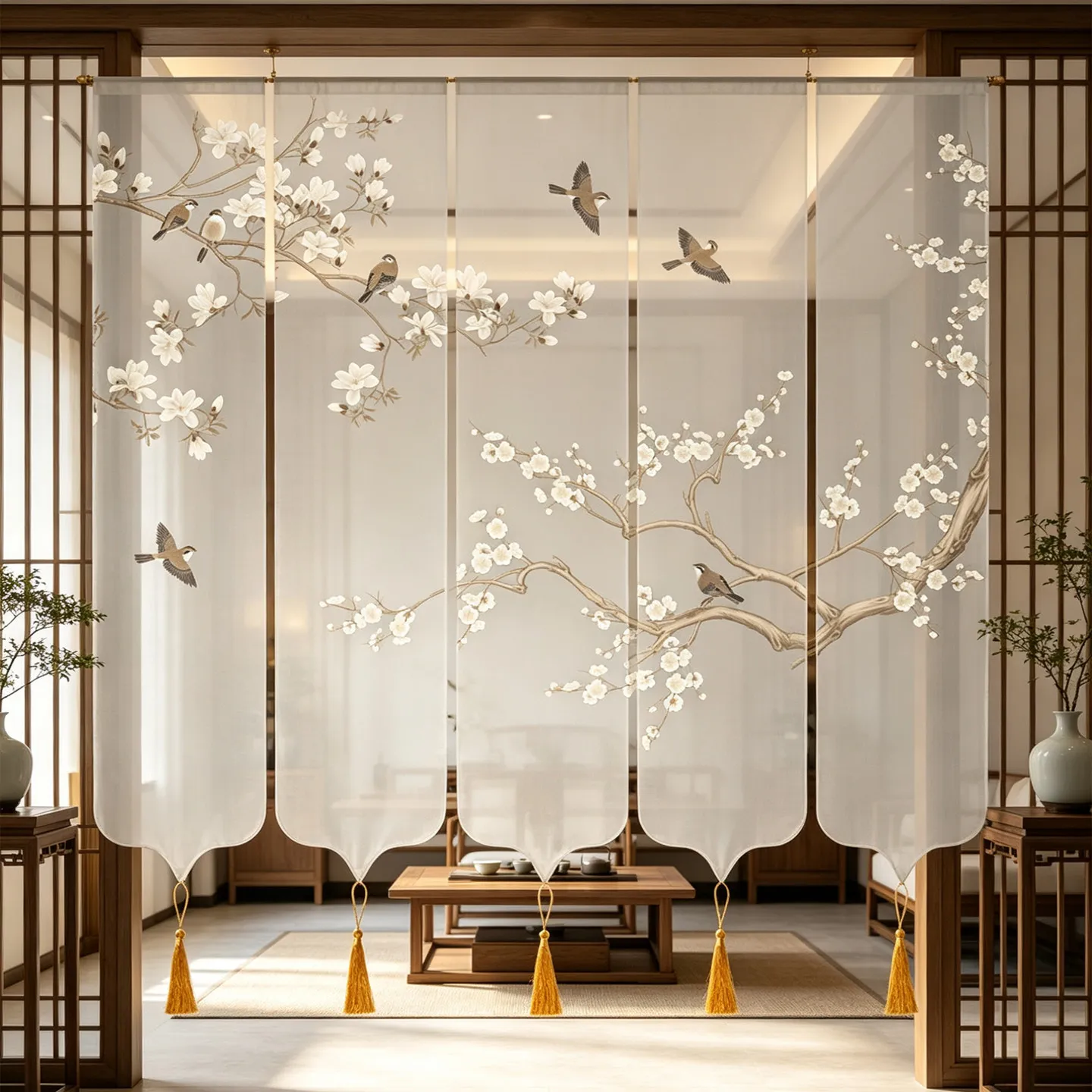 Korean Style Hanging Divider – Soft Sheer Gauze Panel with Tassels,Hanwu style tea ceremony Zen Room & Boutique Hotel Decor