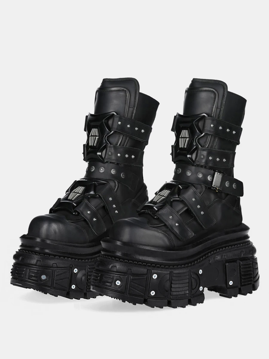 

2025 Cowhide Dark Thick-soled Women Metal Punk Babes Heightening Medium Trendy Cool for Men Motorcycle Boots 12cm