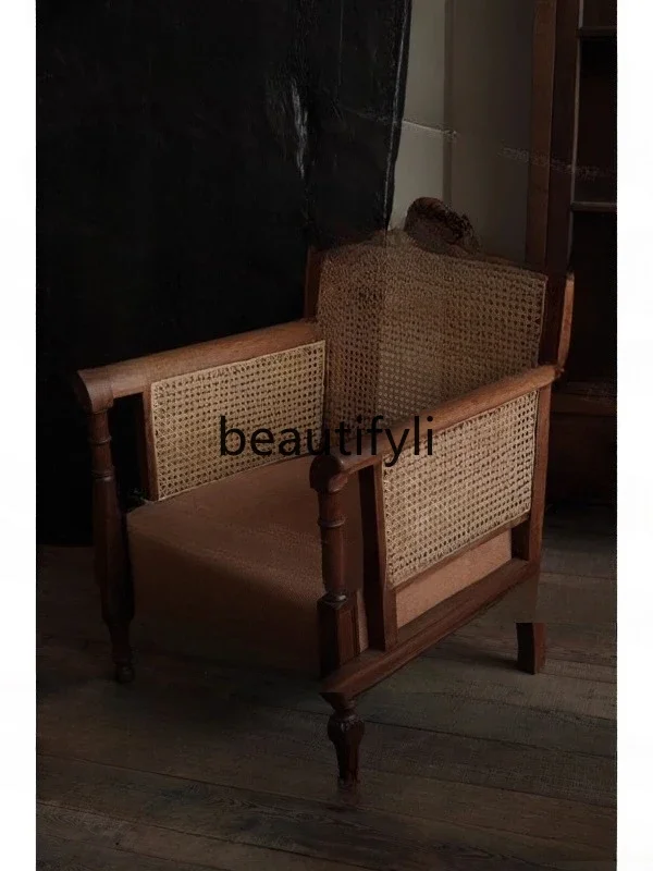 

01A American Style Rattan Single Sofa Fabric Solid Wood Sofa Chair Vintage Simple Handmade Carved Detachable Washable