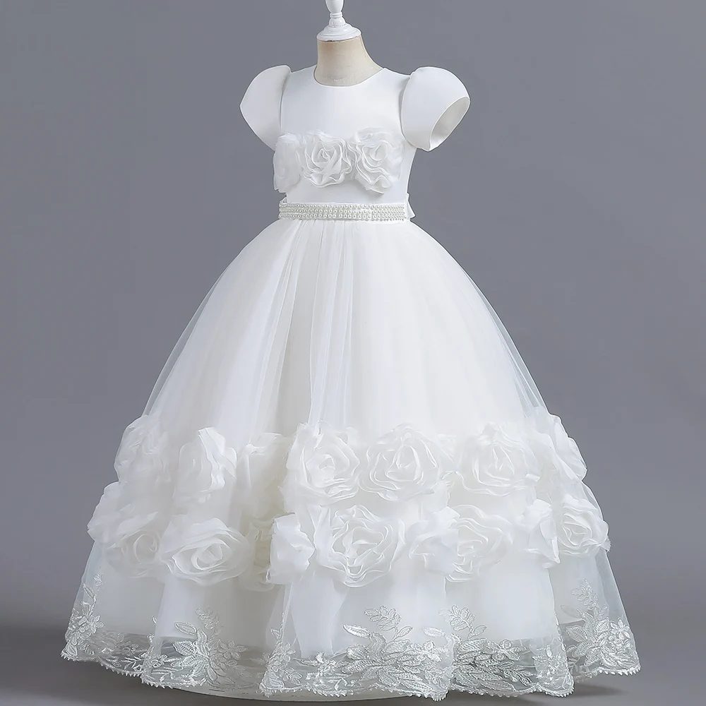 HETISO Flower Girls Party Princess Dress Long Children Christmas Gown Pearl Sashes Kids Birthday Bridemaid Wedding Prom 4-12Y