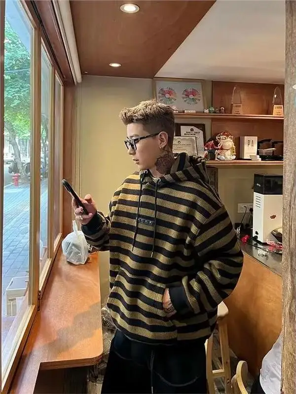 

Мужская толстовка больших размеров с капюшоном, плотная, вязаная, на флисовой подкладке, в полоску, осенне-зимняя верхняя одежда для пар, повседневная уличная одежда