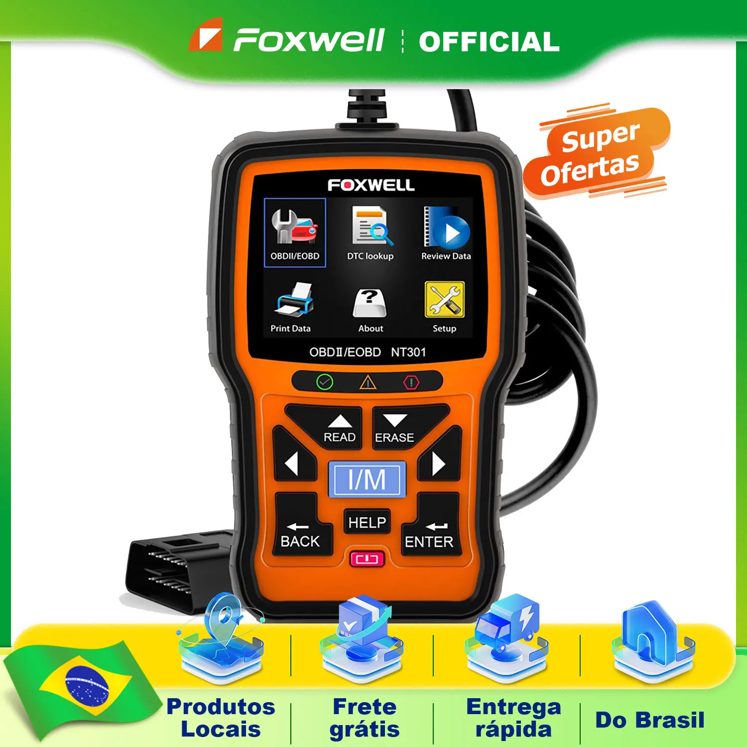 FOXWELL NT301 Scanner OBD2 Verifique o leitor código do motor Scanner automotivo em portugues brasil profissional ODB2 OBD2 Ferr