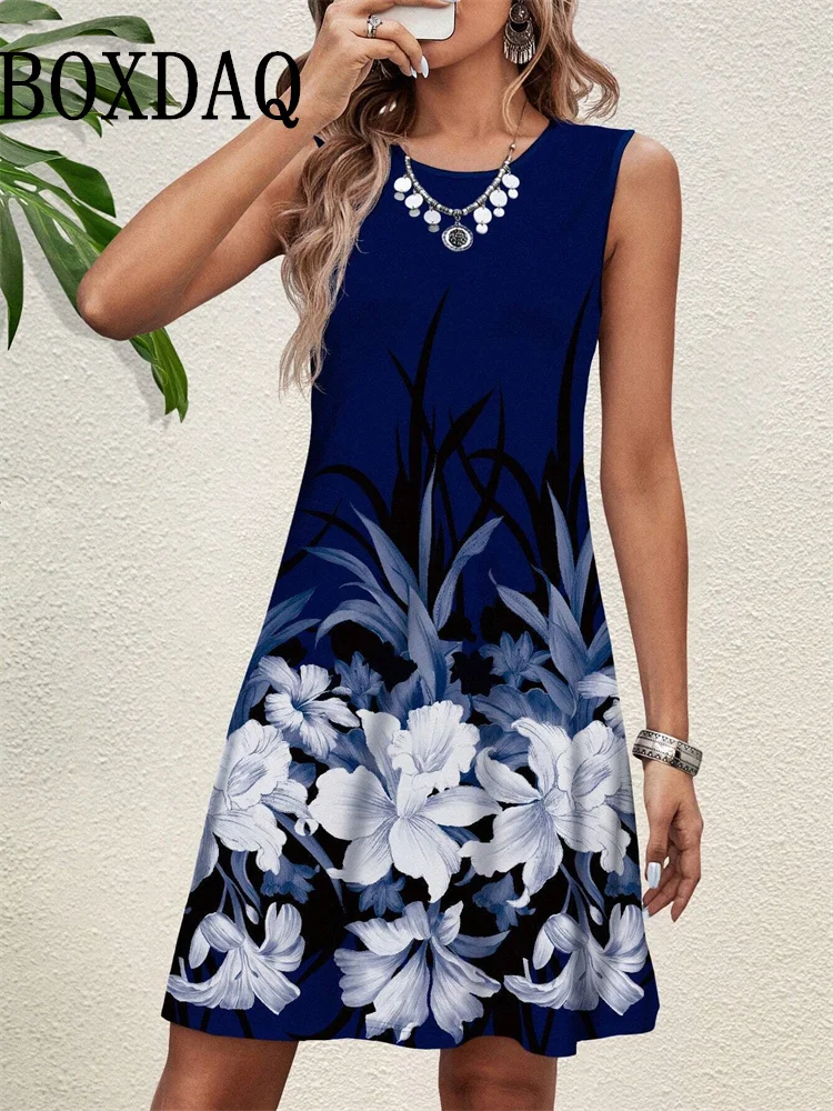 2025 novo sem mangas 3d flor impresso vestidos curtos femininos verão casual vestidos femininos streetwear moda solta vestidos curtos
