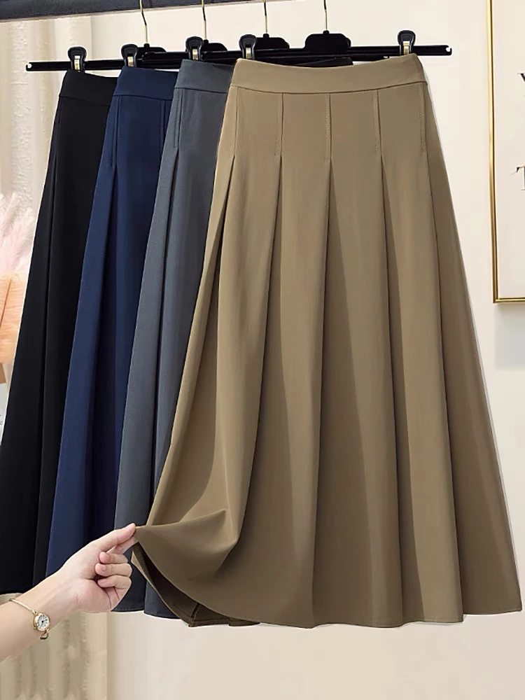 

Spring Vintage Long Pleated Skirts Autumn Solid Twill A-line Mid-calf Pleated Long Skirts Navy Camel