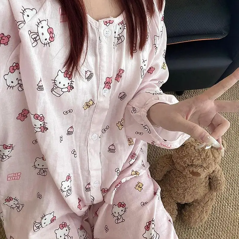 

Sanrio Hello Kitty, весенние хлопковые пижамы из кораллового флиса, комплект из 2 предметов, женские фланелевые пижамы с героями мультфильмов, теплая повседневная домашняя одежда Y2K, новый стиль
