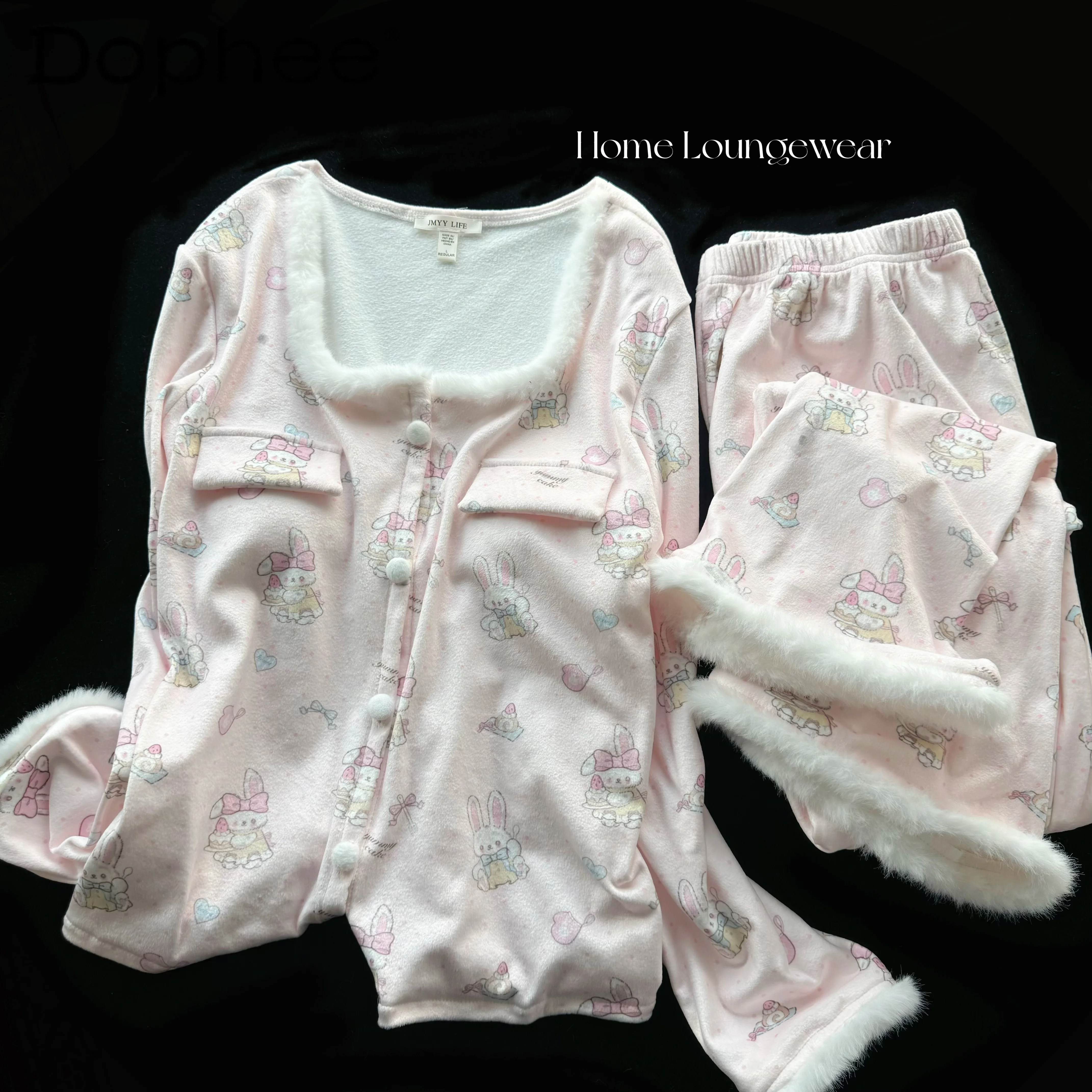 

Autumn Winter New Plush Long-sleeved Pink Pajamas Kawaii Girl Outdoor with Chest Pad Cartoon Sweet Comfortable Loungewear Set