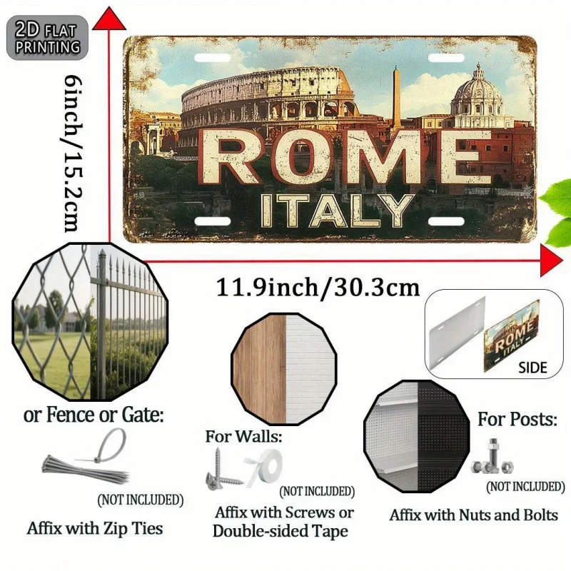 HD Tin Sign, Vintage Rome Italy Colosseum License Plate Metal Wall Art, Retro European Landmark Decor for Bar Man Cave, Travel S