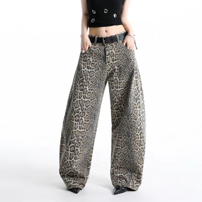 FINEWORDS Women's Leopard Print Baggy Jeans High Waisted Wide Leg Denim Pants Y2K Streetwear Full Length Trouser
