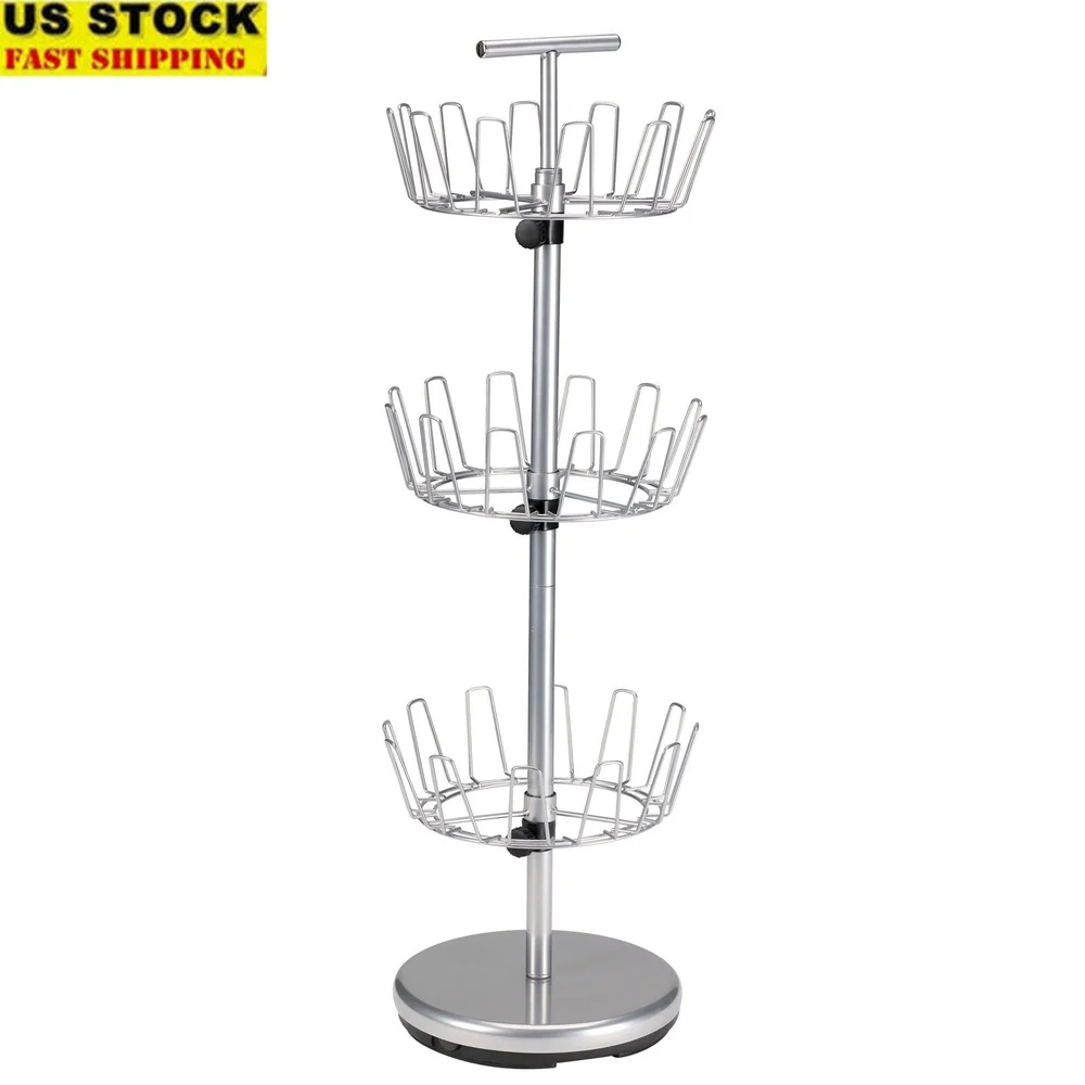 

3-Tier Shoe Storage Rack 18 Pairs Revolving Shoe Tree Sturdy Space-Saving Indoor Organizer Adjustable Tiers Chrome Finish