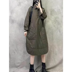 Quilted Dresses Solid Lightweight Cotton-padded Long Sleeve Korean Style Skirts Calf Length Polo Collar Dress for Women Clothing