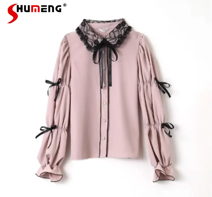 Japanese Lolita Pink Lace Bow Blouse Feminina 2024 Spring New Mine Sweet Long Flare Sleeve Tie-Neck Long Sleeve Shirts for Women