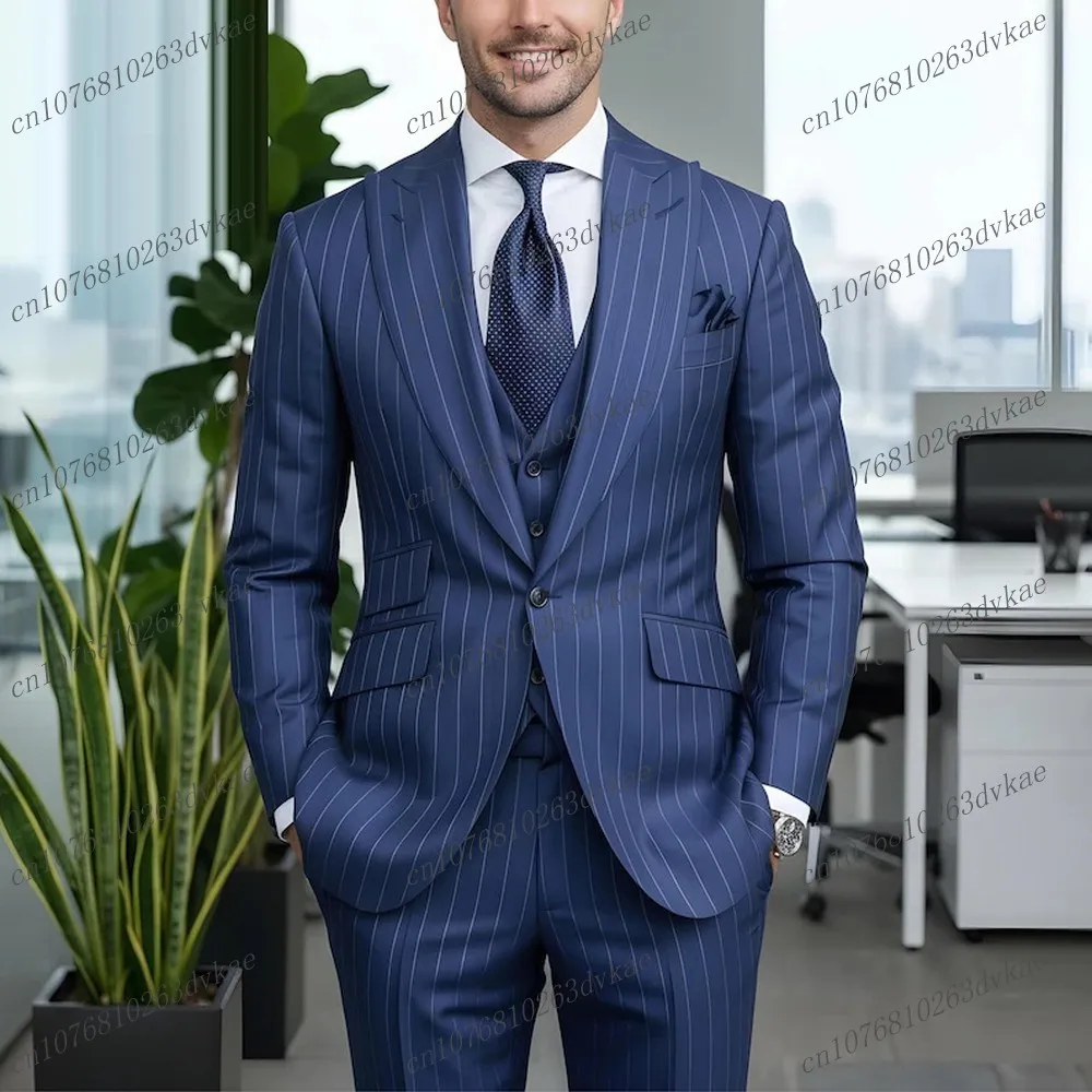 

Новый мужской деловой костюм в темно-синюю полоску, жених, жених, свадебная вечеринка, формальный выпускной, мужской смокинг, комплект из 3 предметов, блейзер, жилет, брюки