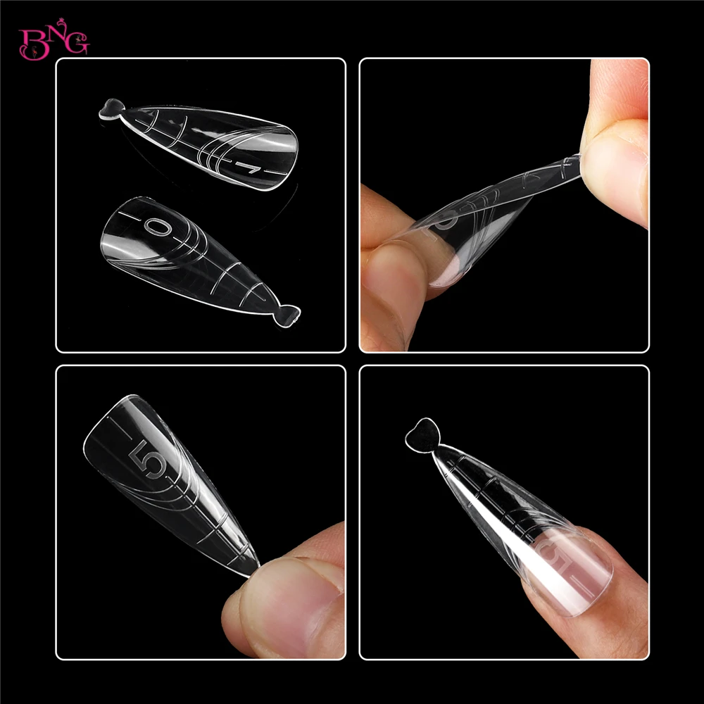 BNG 140Pcs Dual Nail Forms Poly Extension Gel Nails Full Cover Nail Tip Builder Molds 14 Sizes Clear Almond for Solid Nail Gel