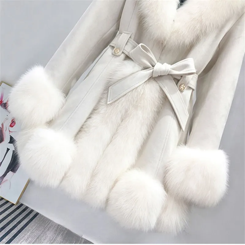 ashion Fur coat Female Large Fur Collar Jacket 2024 New Autumn Winter Mid-Length Thick Warm Overcoat Women Loose Outerwear W078