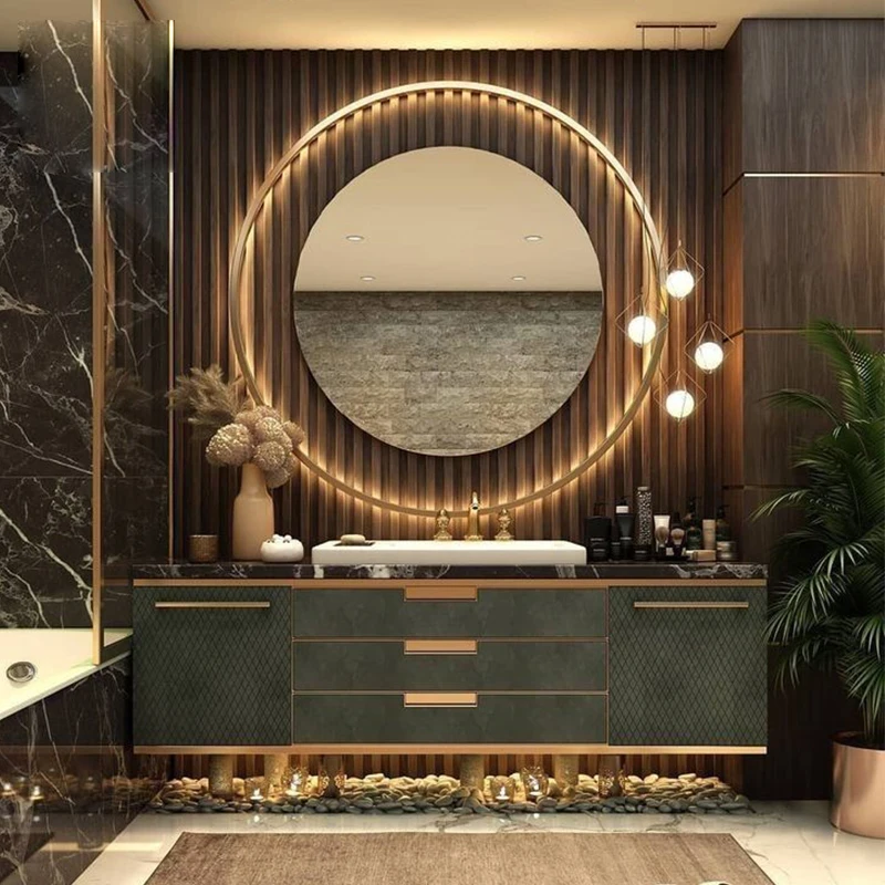 

Villa high-end bathroom washbasin pool rock slab solid wood bathroom cabinet combination modern light luxury washstand