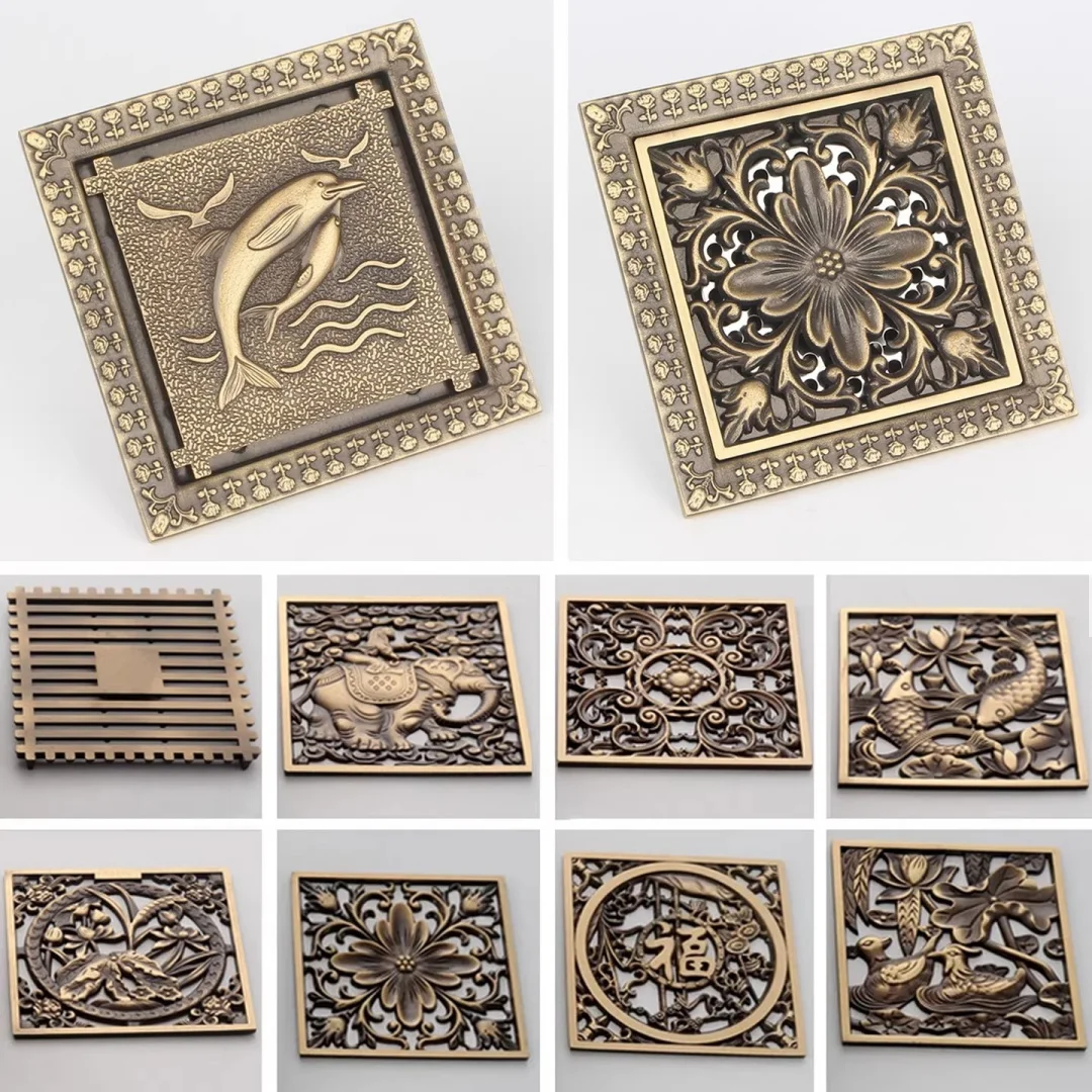 

Antique Bronze Carved 12X12 CM Floor Drain Brass Shower Floor Drain Brass Square Floor Drain Screen Cover Grille Drain