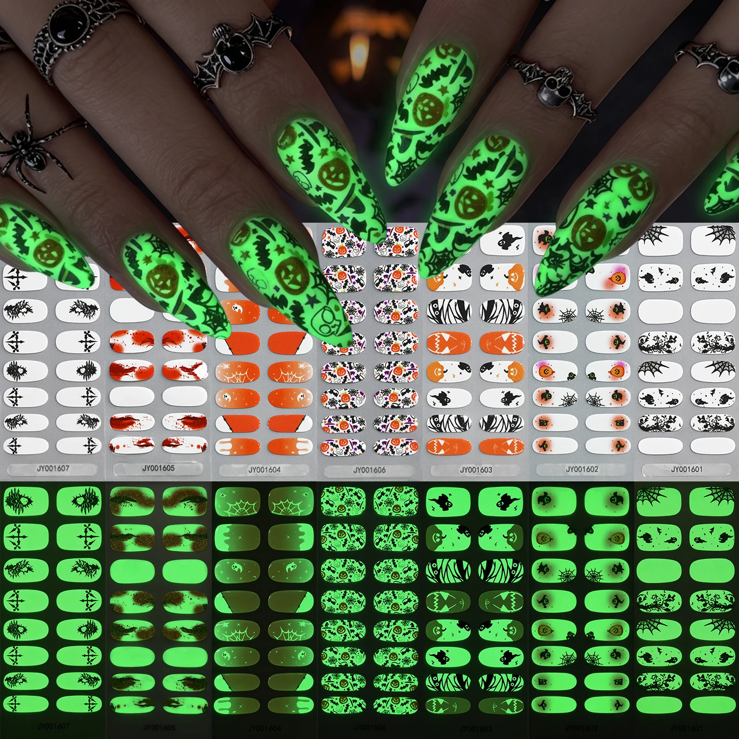 16 selbstklebende Halloween-Nagelfolien, die im Dunkeln leuchten, mit Motiven wie Geist, Spinnennetz, Kürbis, für die vollständige Nagelabdeckung, ohne Backen erforderlich, Maniküre-Aufkleber.