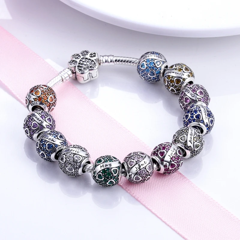 Round Birthstone Charm Bead 925 Silver Fit Original Pan Bracelet DIY October August March April July January