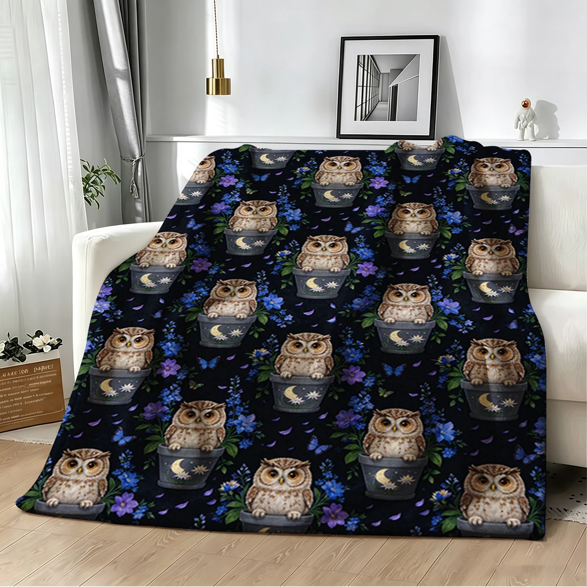 Owl Crescent Pot Rainbow Flannel Blanket Warm Soft Halloween Christmas Decorative Couch Warm Cozy All-Season Gift