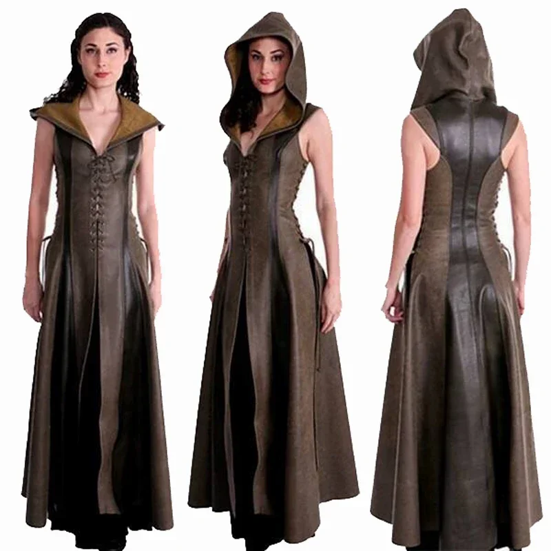Vestido medieval con capucha de cuero y cordones, sexy, para mujer, ideal para disfraces de cosplay de personajes de la época medieval, como la cazadora, y para Halloween.
