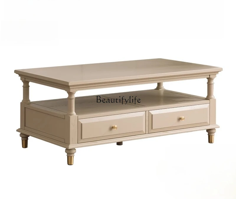 

French solid wood cream white coffee table living room light luxury ash wood all solid wood furniture