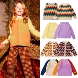 Pre-sale(Ship October) 2024 KP Autumn Kids Clothes Girls Cotton Sweater Color Blocked Lapel Plaid Sweater Cardigan Vest Boys Top