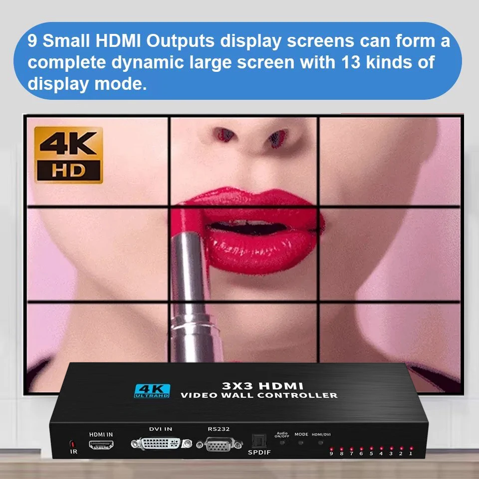 Imagem -03 - Video Wall Controlador 4k Hdmi Dvi tv Wall Controlador Processador 3x3 2x3 2x4 4x2 Lcd Tela Splicing Splicer Box com Rs232 4k Hdmi Video Wall Controller 3x3 in Out Hdmi Dvi Video Wall Processor 1x2 1x4 2x3 4x 3x3