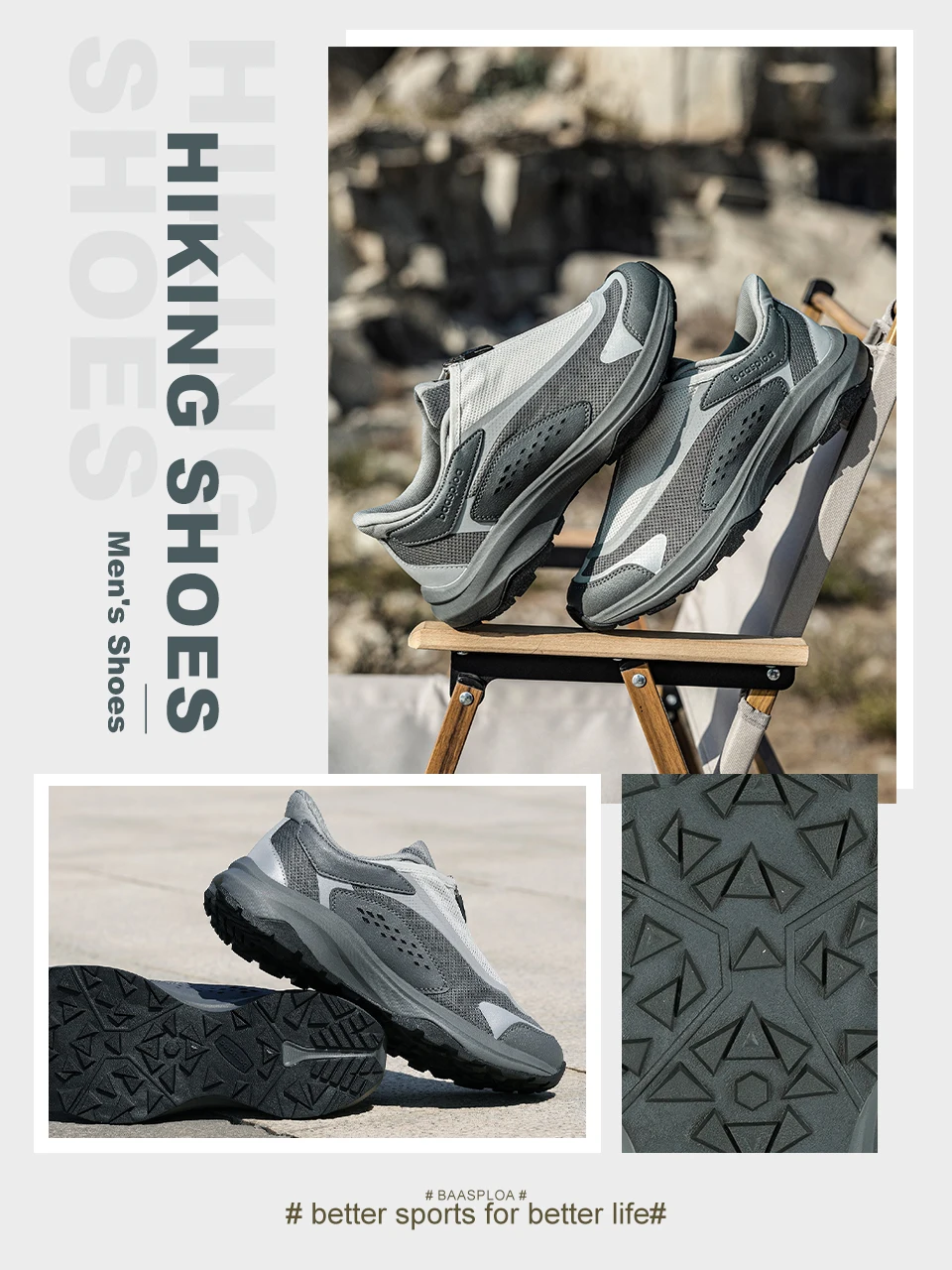 Baasploa Herren Trail Adventure Trainingsschuhe mit Seitenreißverschluss Outdoor-Fußbekleidung Atmungsaktive Reise-Sneaker Leichte Wanderschuhe – Detail 9