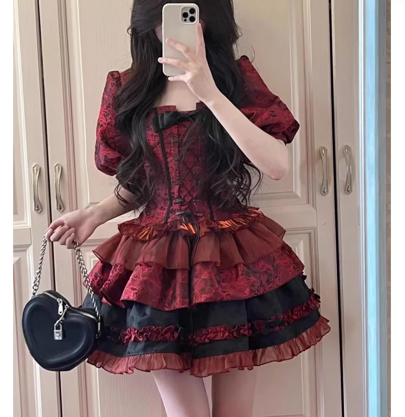 Dark Lolita Jacquard Bow Bra Top Bubble Sleeve Coat Fluffy Skirt Three Piece Set