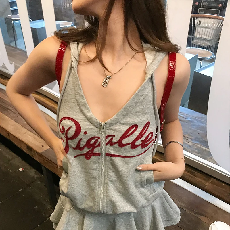 Y2K Fashion Women's Hooded Tank Tops Letter Print Open Back Zipper Front Sleeveless Shirt Sports Casual Streetwear